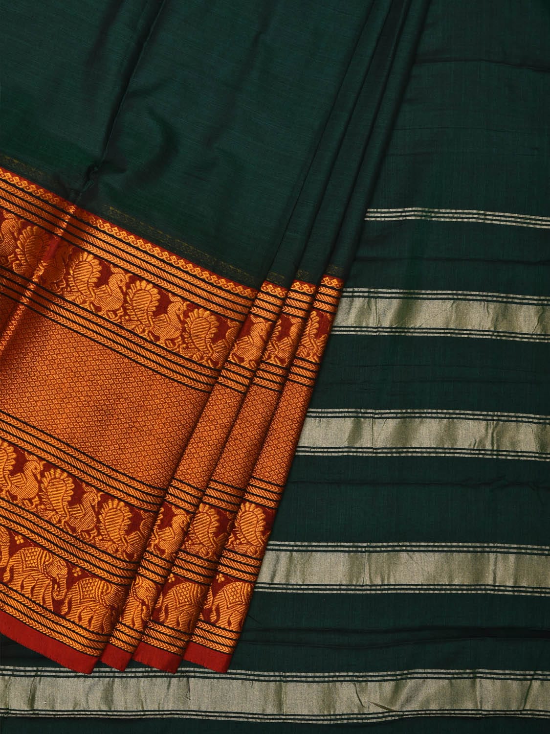 Dark Green Narayanpet Cotton Handloom Saree with Big Zari Border Design np0681