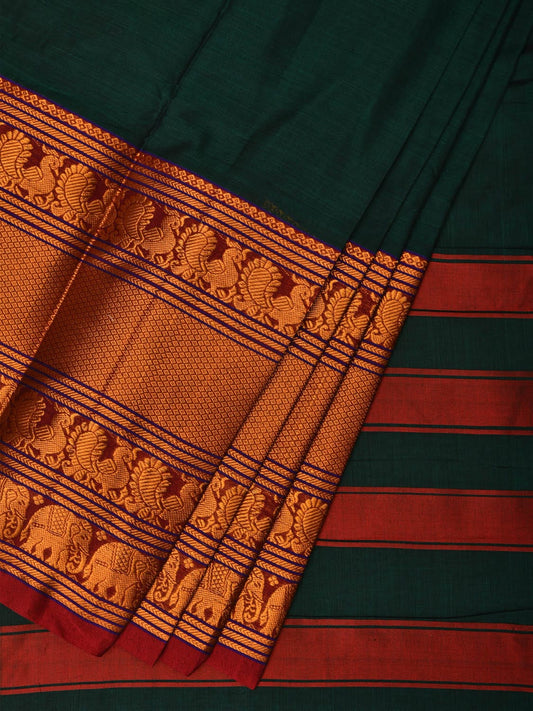 Dark Green Narayanpet Cotton Handloom Saree with Big Zari Border Design np0686