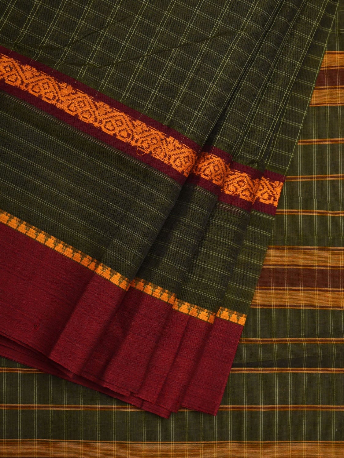 Dark Green Narayanpet Cotton Handloom Saree with Checks Design No Blouse np0523