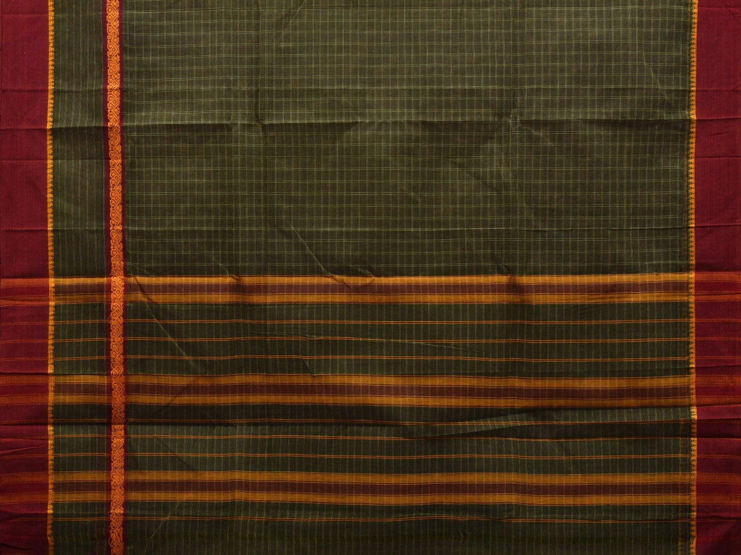 Dark Green Narayanpet Cotton Handloom Saree with Checks Design No Blouse np0523