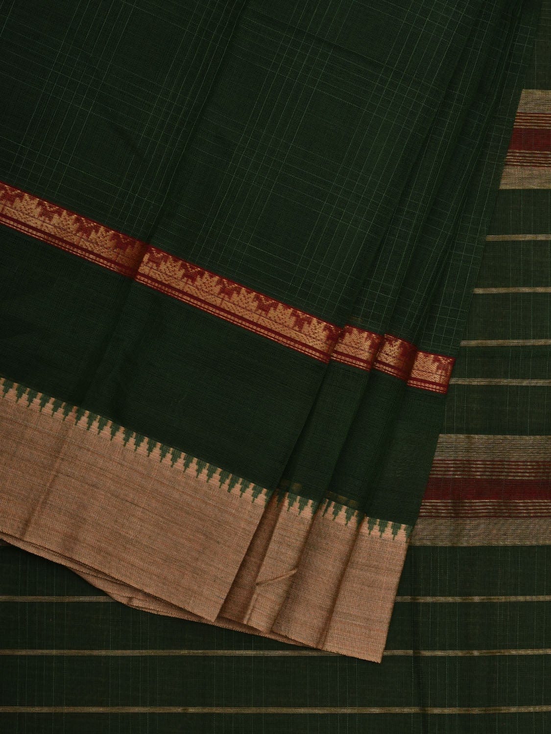 Dark Green Narayanpet Cotton Handloom Saree with Checks Design No Blouse np0529