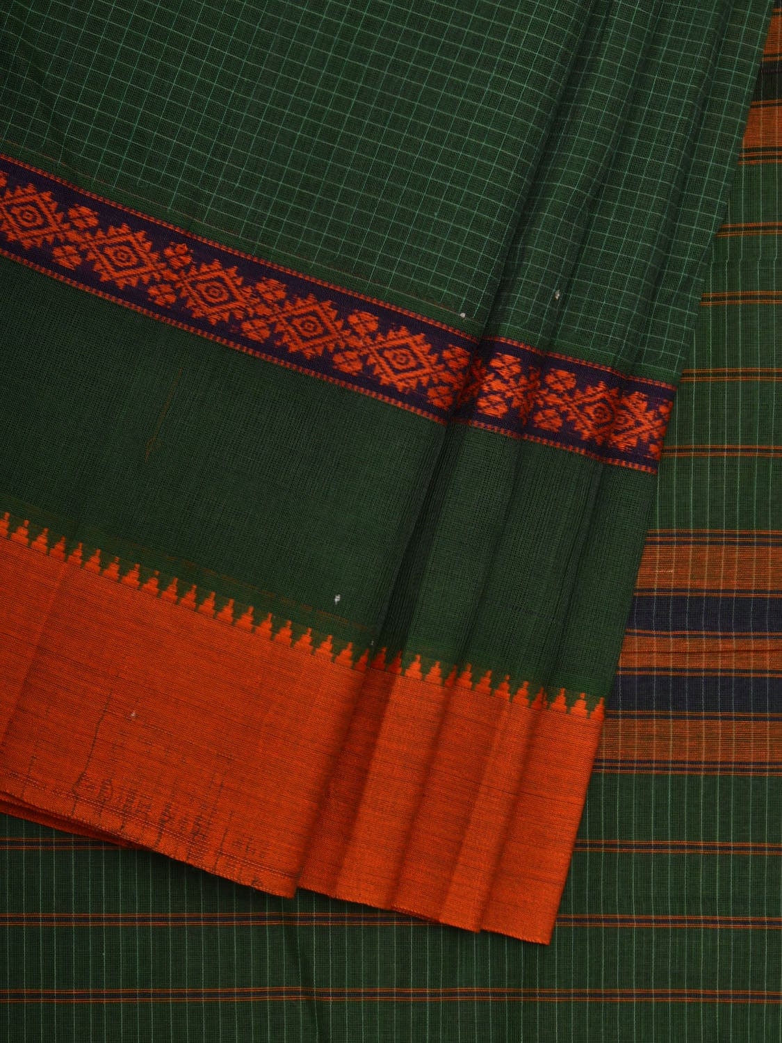 Dark Green Narayanpet Cotton Handloom Saree with Checks Design No Blouse np0539