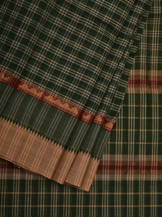 Dark Green Narayanpet Cotton Handloom Saree with Checks Design No Blouse np0560