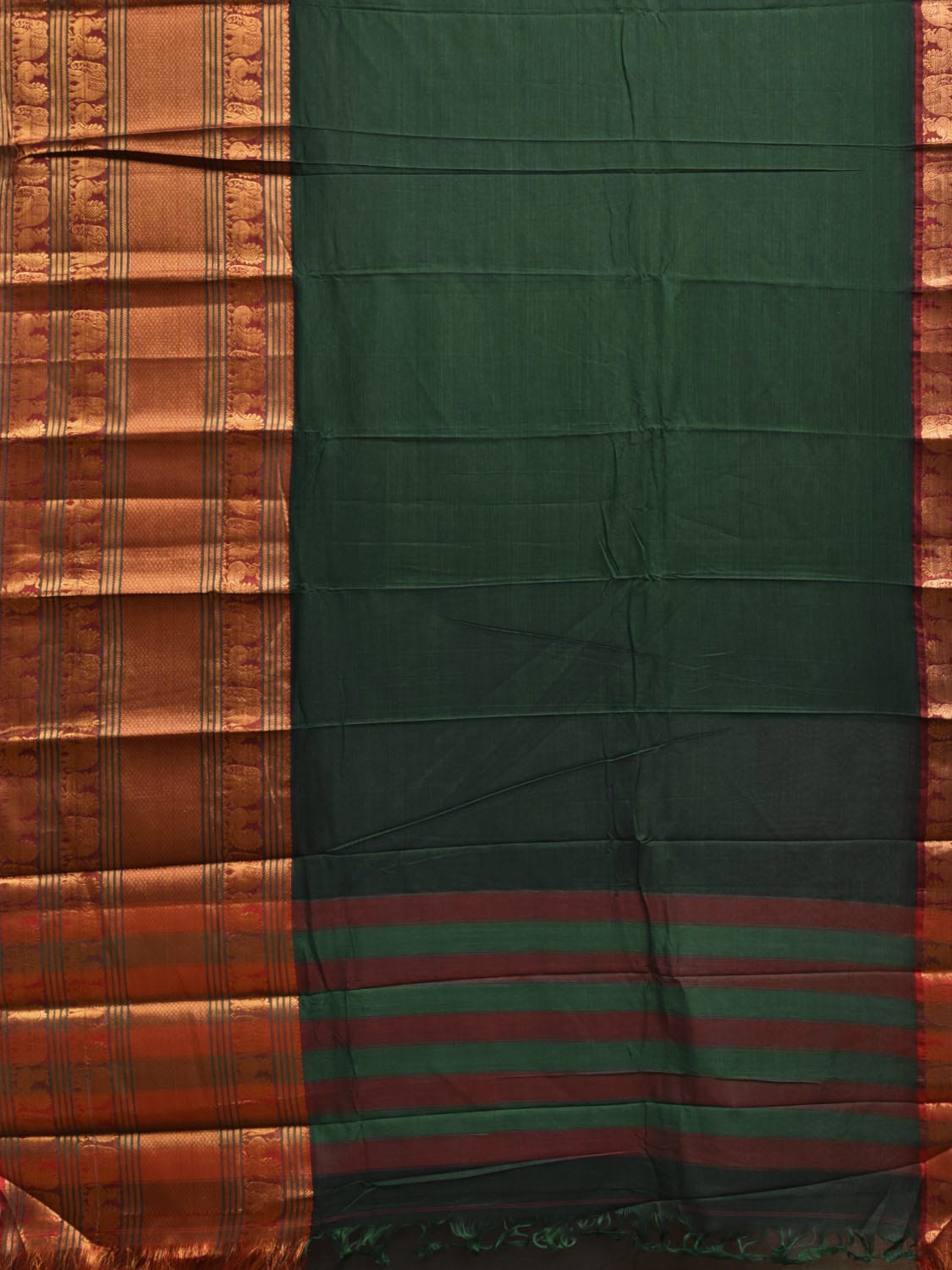 Dark Green Narayanpet Cotton Plain Saree with Strips Pallu and Big Border Design No Blouse np1123