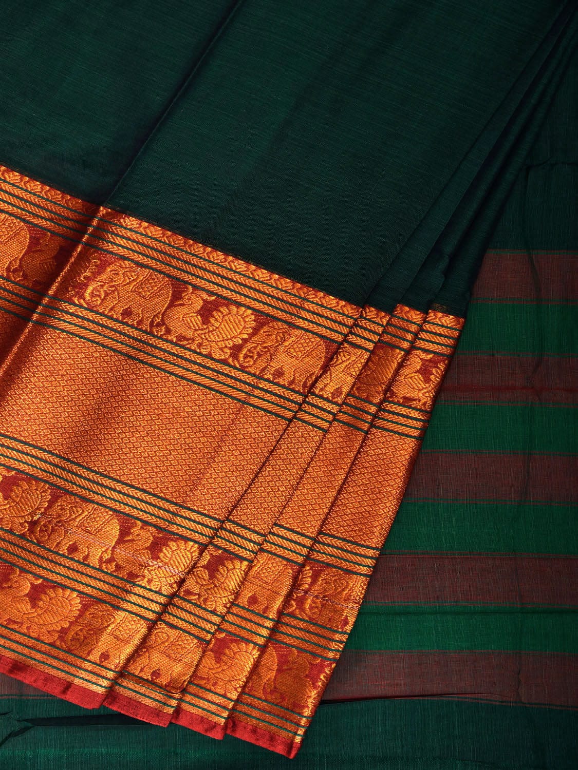 Dark Green Narayanpet Cotton Plain Saree with Strips Pallu and Big Border Design No Blouse np1123