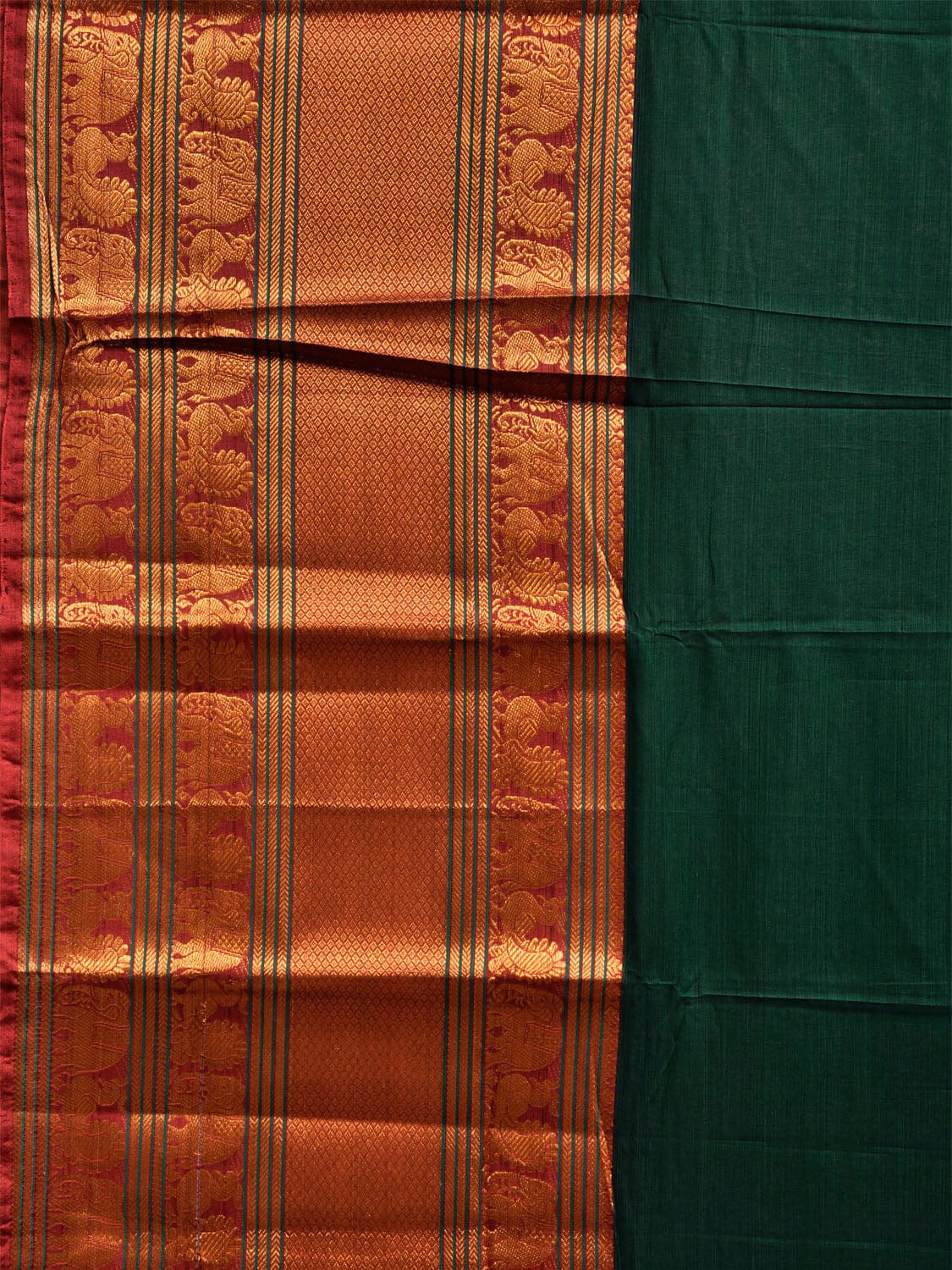 Dark Green Narayanpet Cotton Plain Saree with Strips Pallu and Big Border Design No Blouse np1123