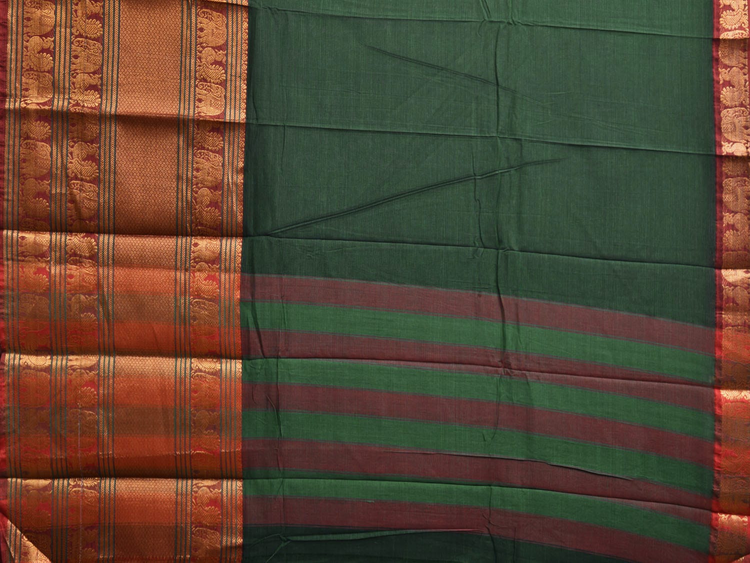 Dark Green Narayanpet Cotton Plain Saree with Strips Pallu and Big Border Design No Blouse np1123