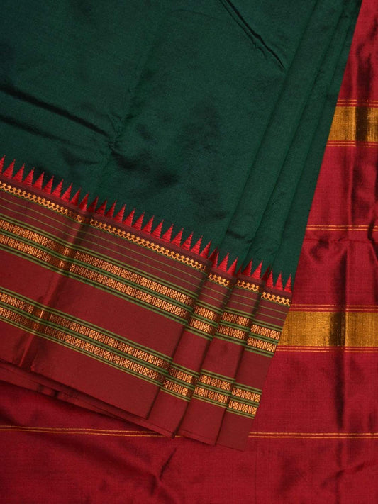 Dark Green Narayanpet Silk Handloom Plain Saree with Traditional Border Design No Blouse np0487