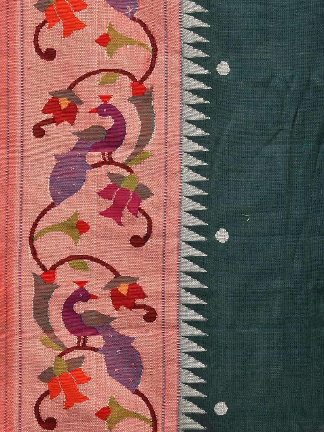 Dark Green Paithani Cotton Handloom Saree with Peacocks Pallu and Border Design p0479
