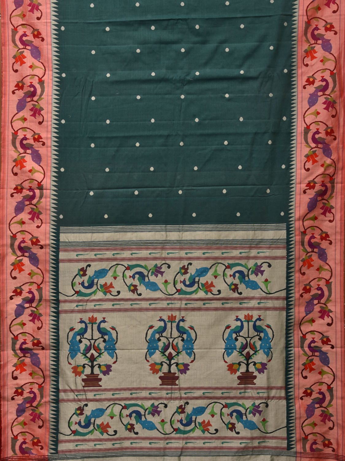 Dark Green Paithani Cotton Handloom Saree with Peacocks Pallu and Border Design p0479