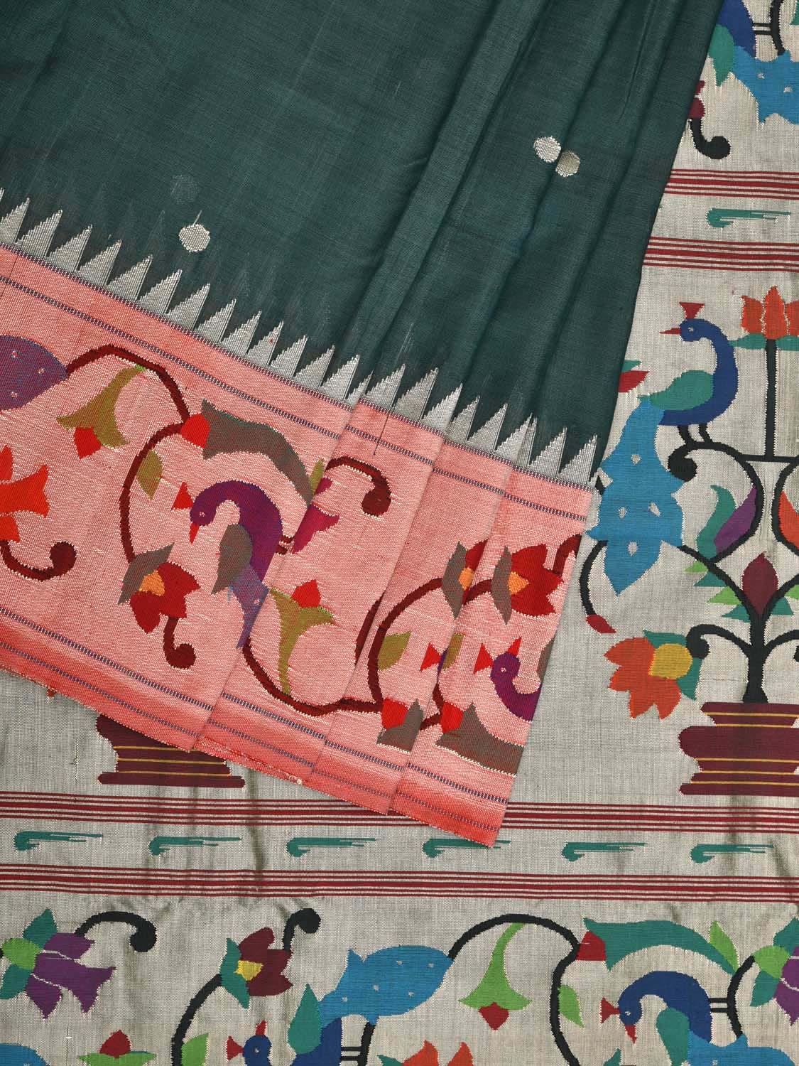 Dark Green Paithani Cotton Handloom Saree with Peacocks Pallu and Border Design p0479