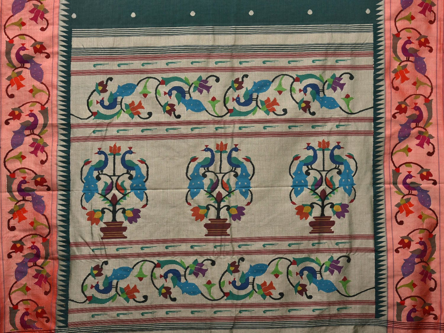 Dark Green Paithani Cotton Handloom Saree with Peacocks Pallu and Border Design p0479