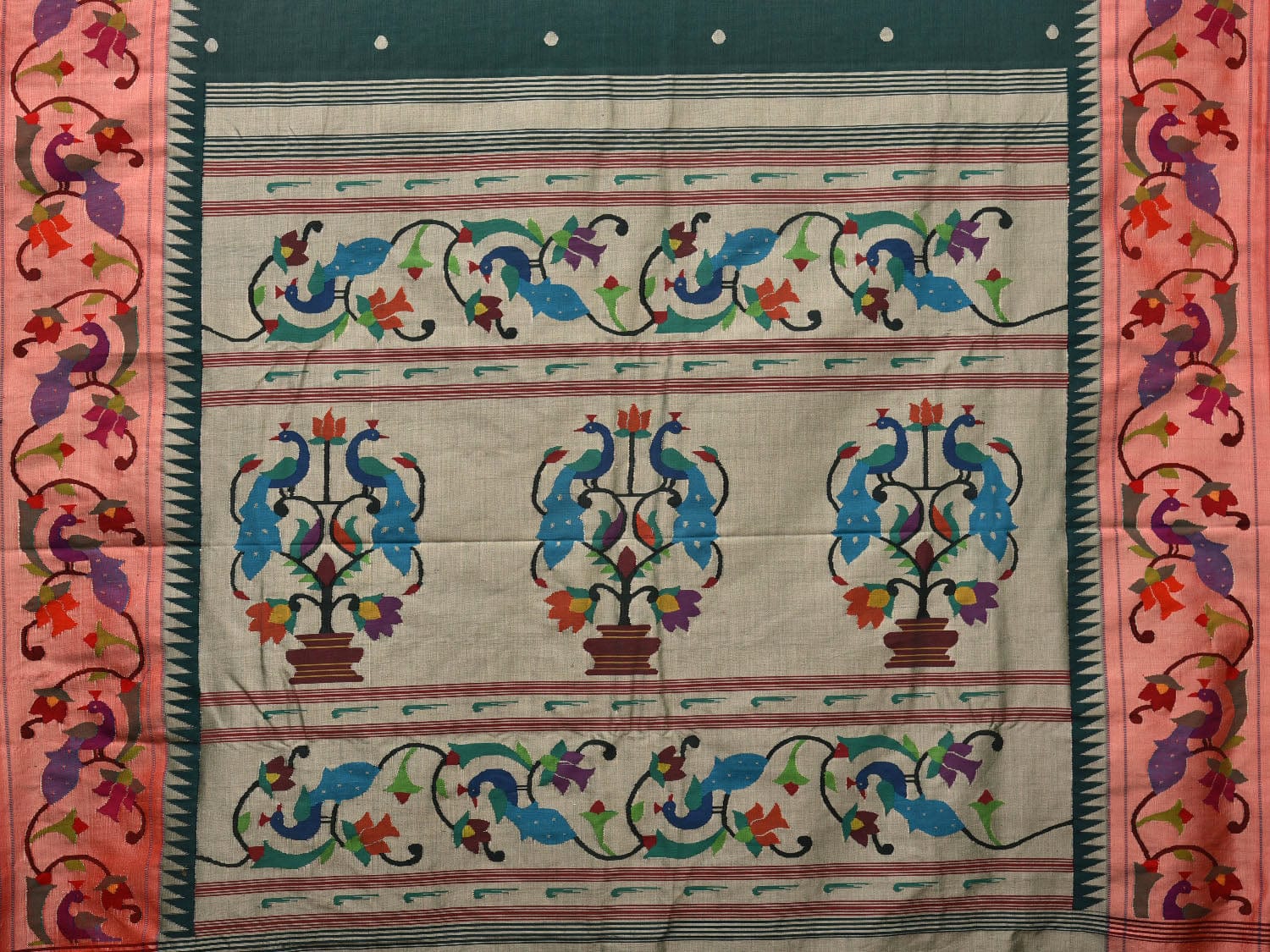 Dark Green Paithani Cotton Handloom Saree with Peacocks Pallu and Border Design p0479