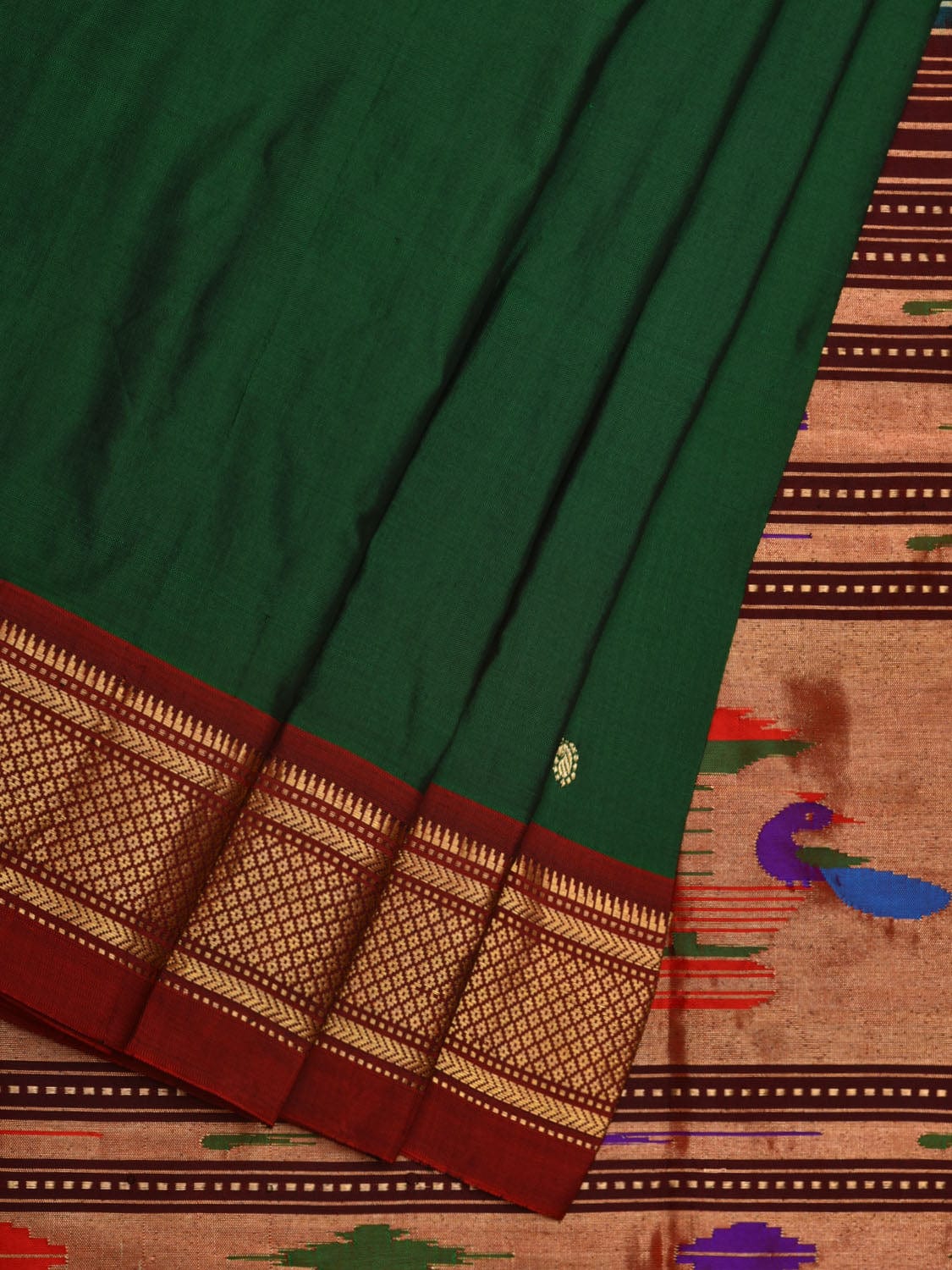 Dark Green Paithani Silk Handloom Saree with Single Pallu Design p0449