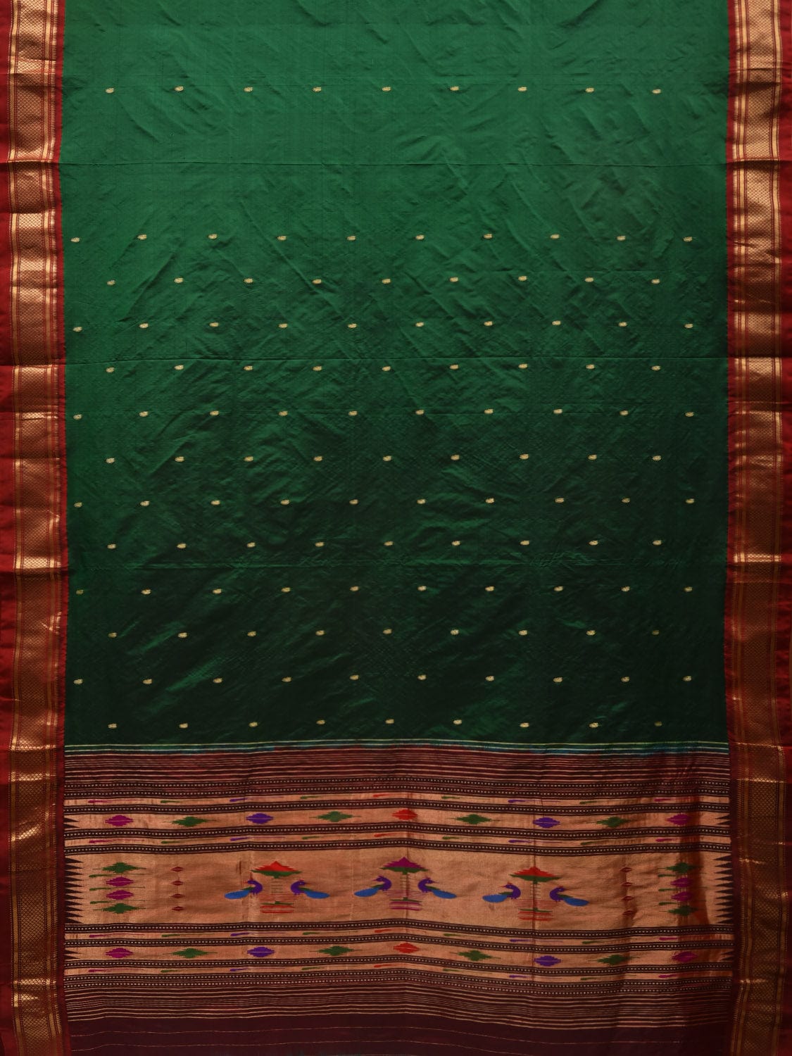Dark Green Paithani Silk Handloom Saree with Single Pallu Design p0449