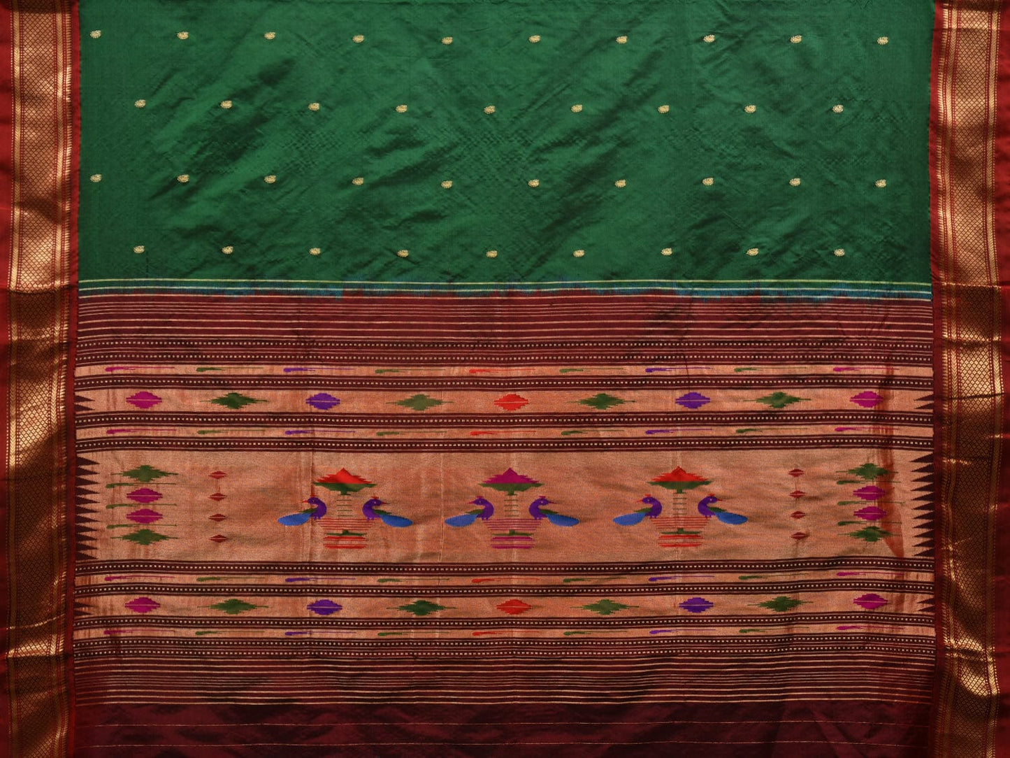 Dark Green Paithani Silk Handloom Saree with Single Pallu Design p0449