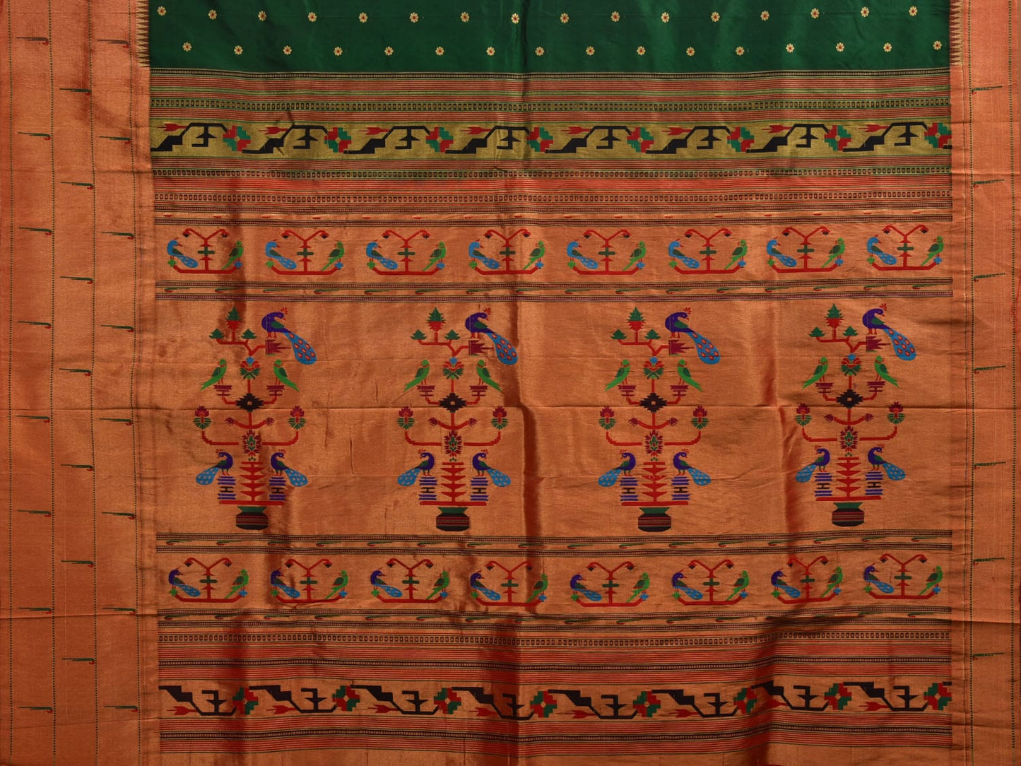 Dark Green Paithani Silk Handloom Saree with Triple Muniya Border Design p0437