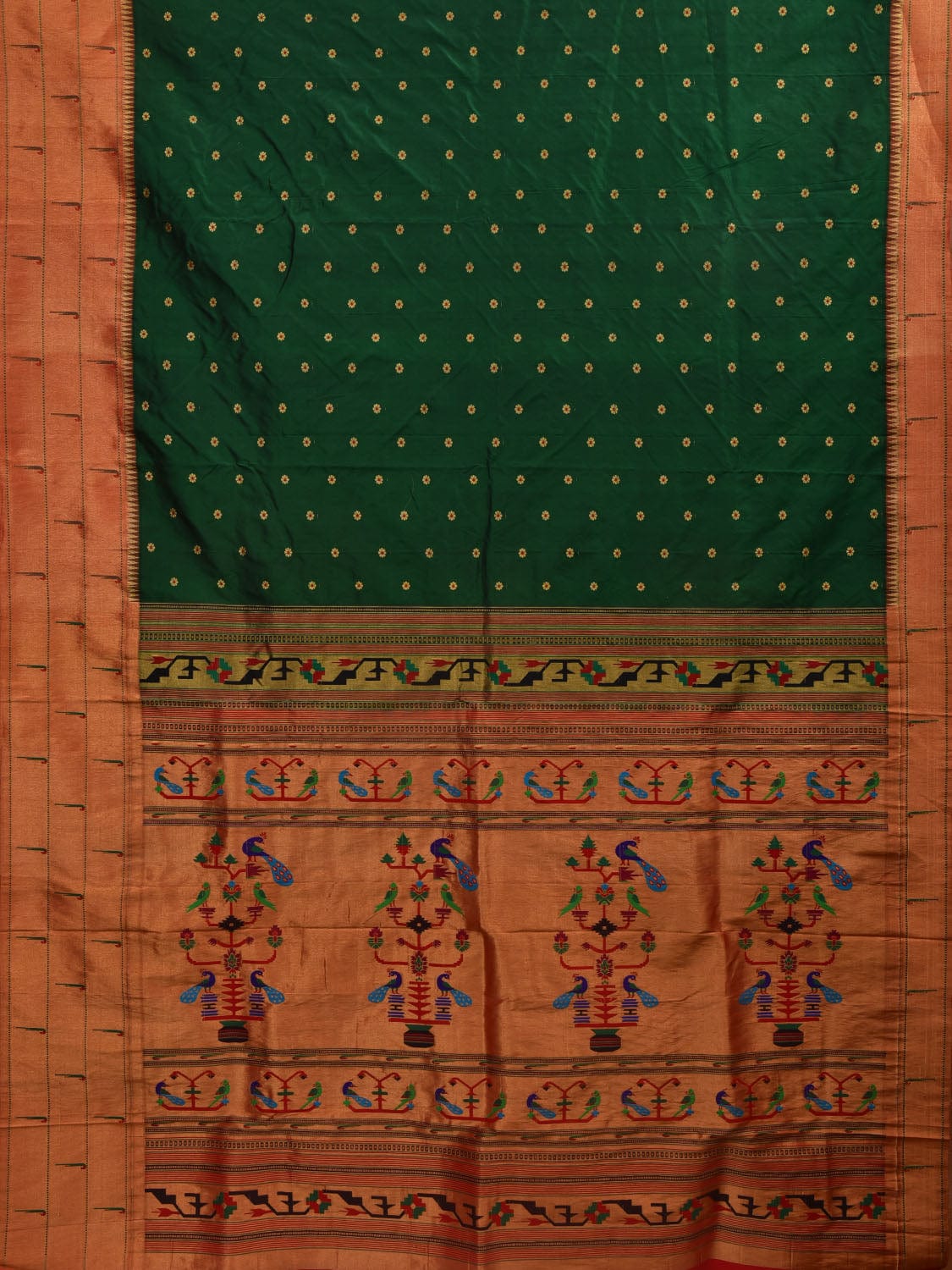 Dark Green Paithani Silk Handloom Saree with Triple Muniya Border Design p0437