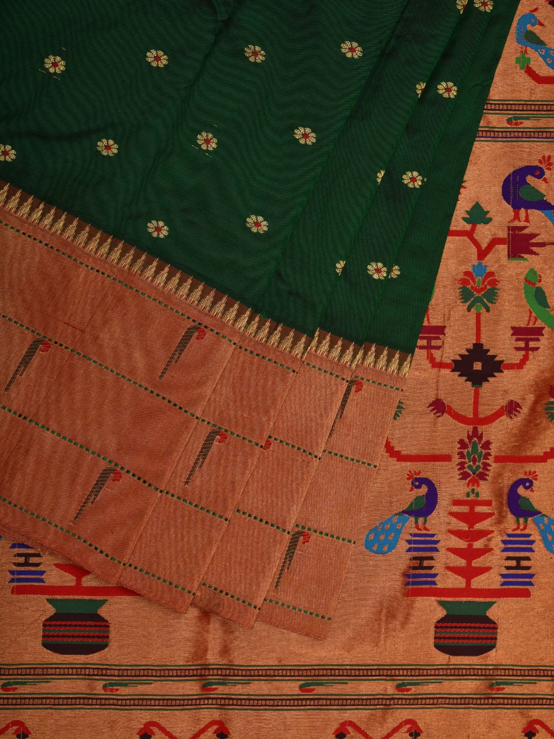 Dark Green Paithani Silk Handloom Saree with Triple Muniya Border Design p0437