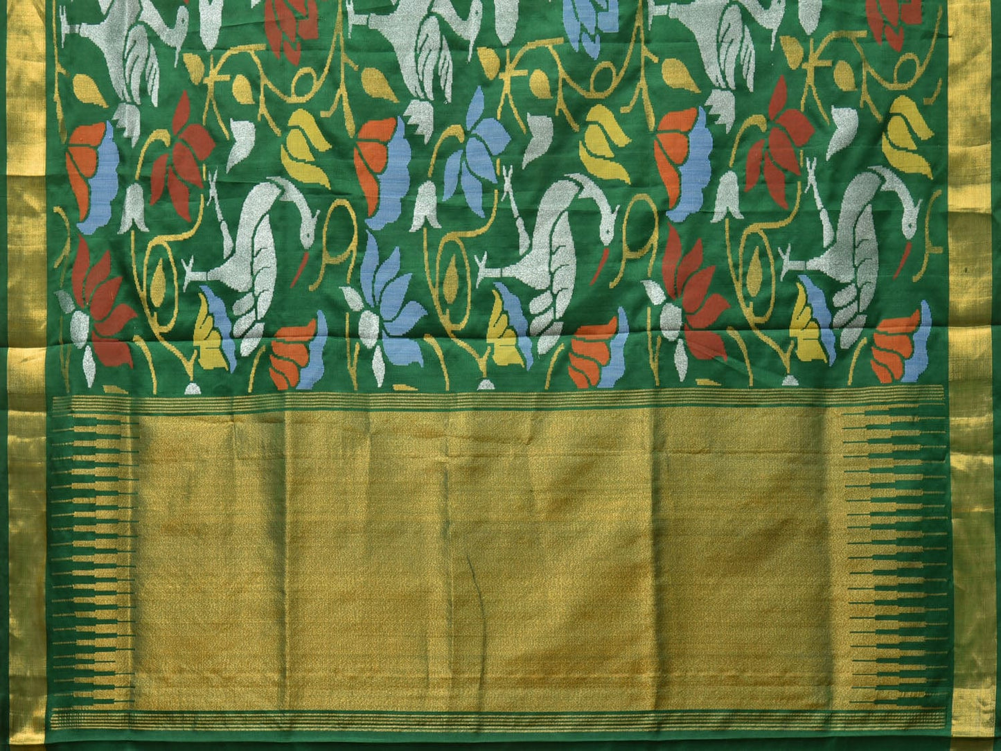 Dark Green Uppada Silk Handloom Saree with All Over Lotus and Birds Design u2185