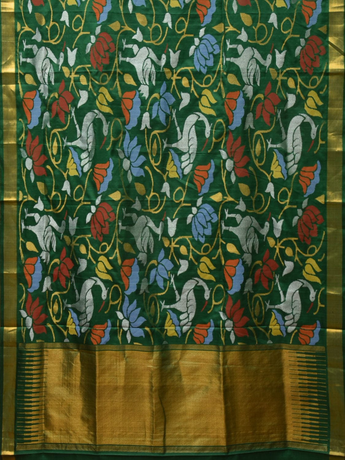 Dark Green Uppada Silk Handloom Saree with All Over Lotus and Birds Design u2185