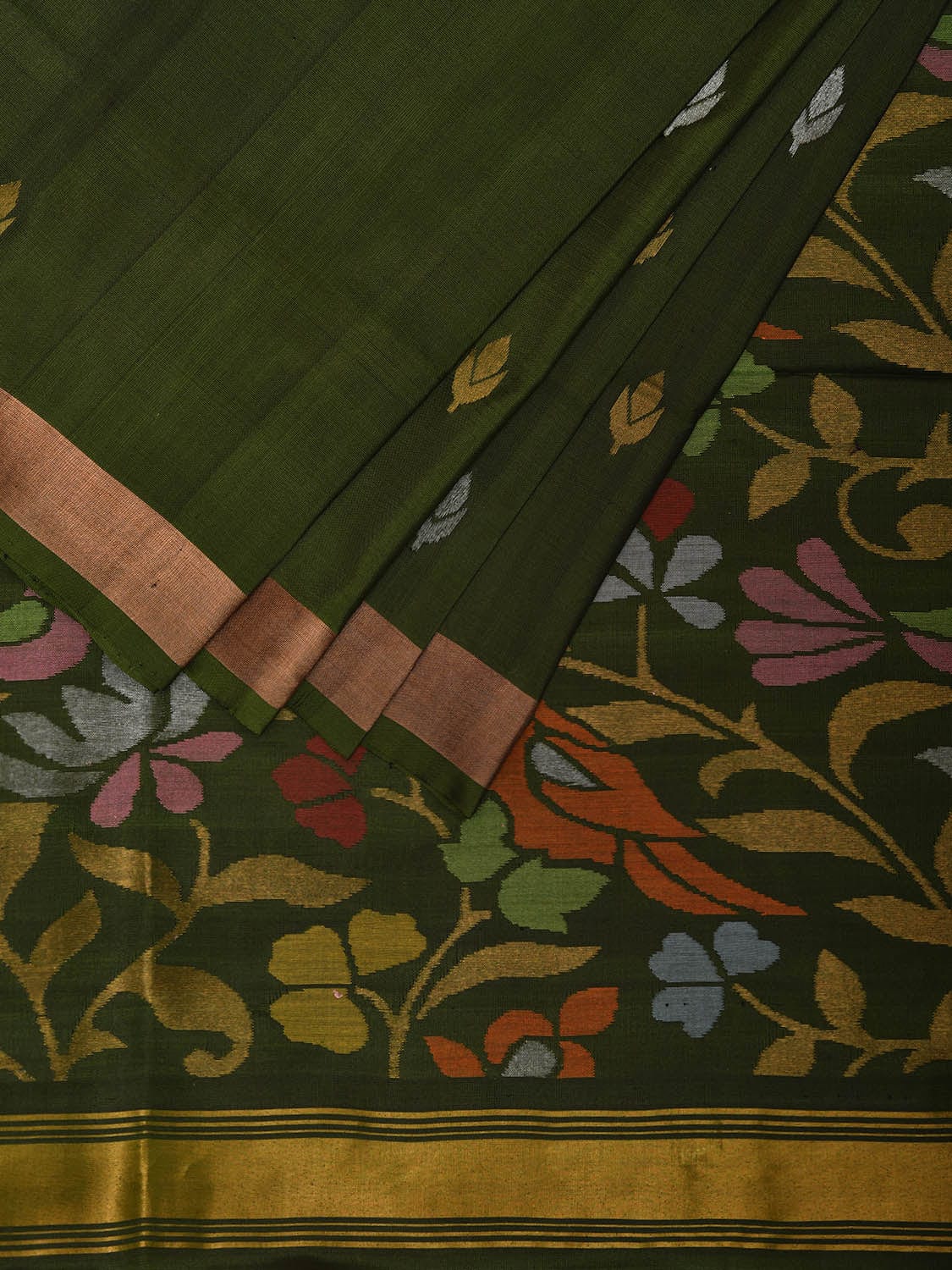 Dark Green Uppada Silk Handloom Saree with Floral and Birds Design u2340