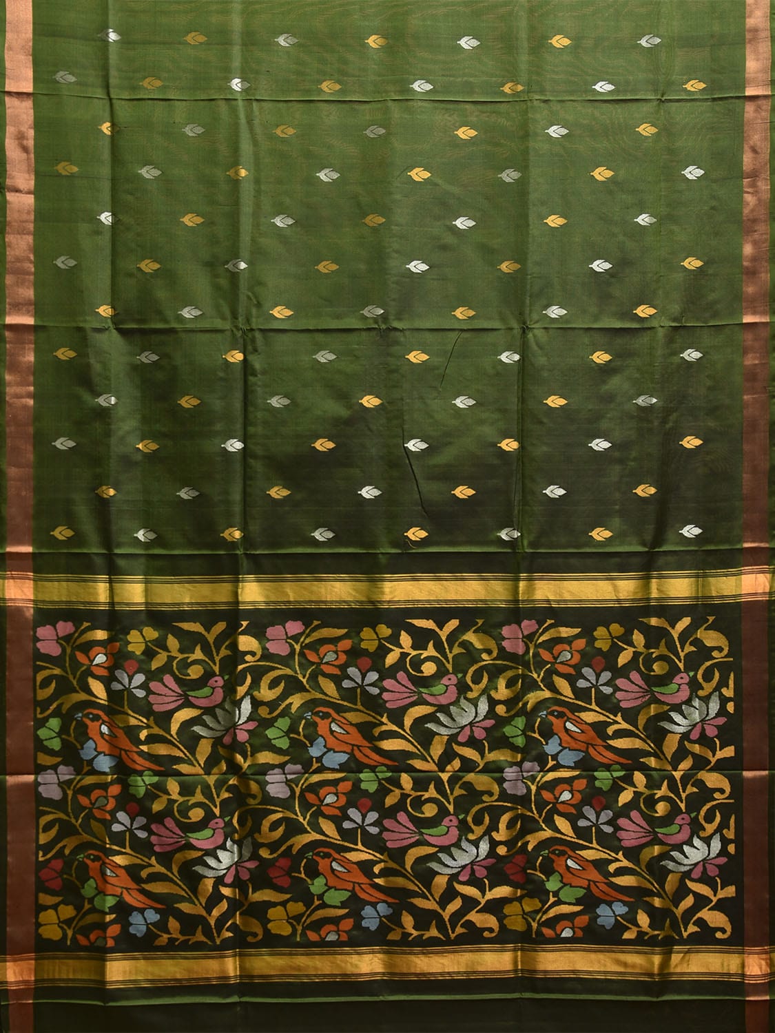 Dark Green Uppada Silk Handloom Saree with Floral and Birds Design u2340