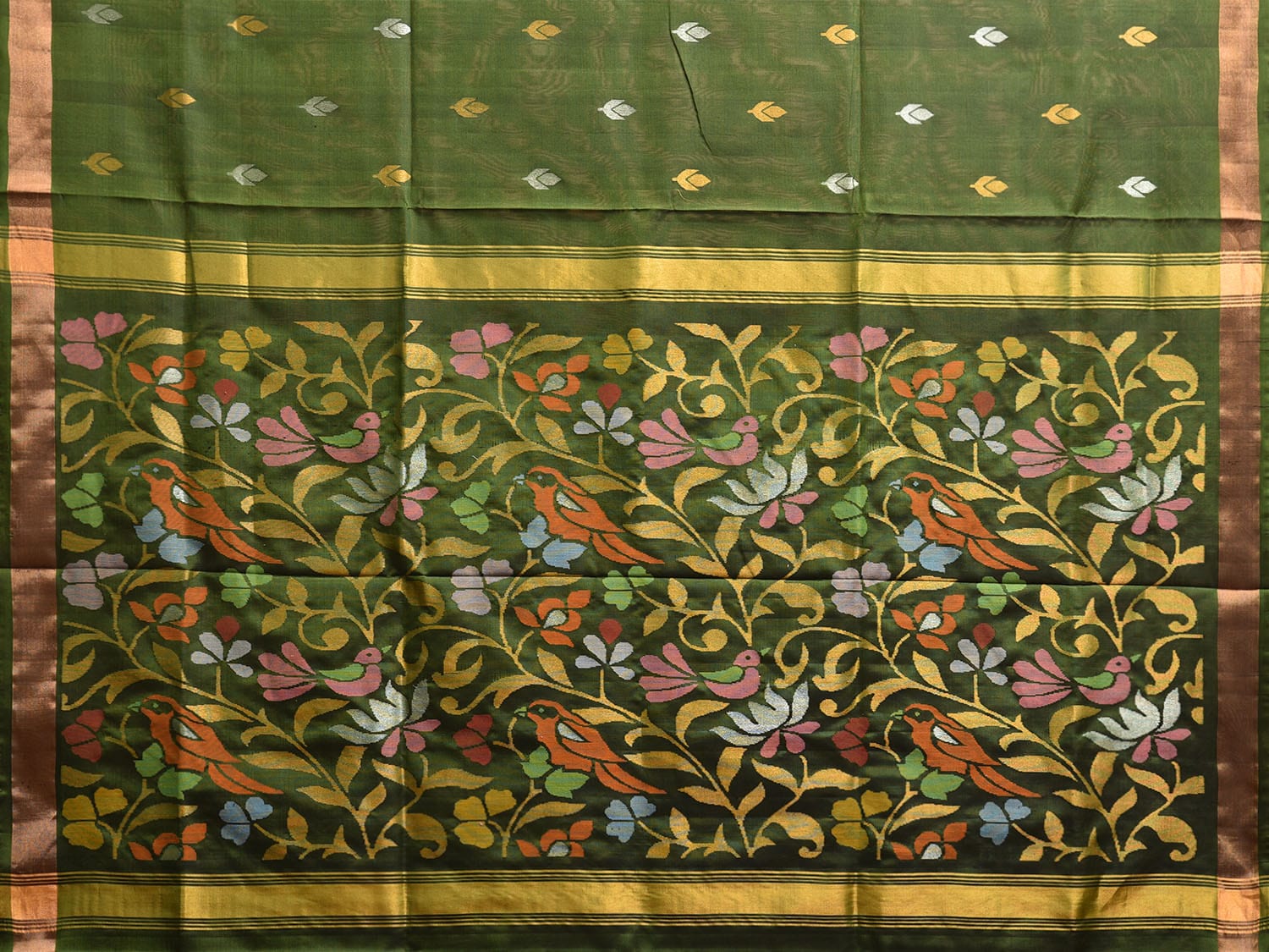 Dark Green Uppada Silk Handloom Saree with Floral and Birds Design u2340