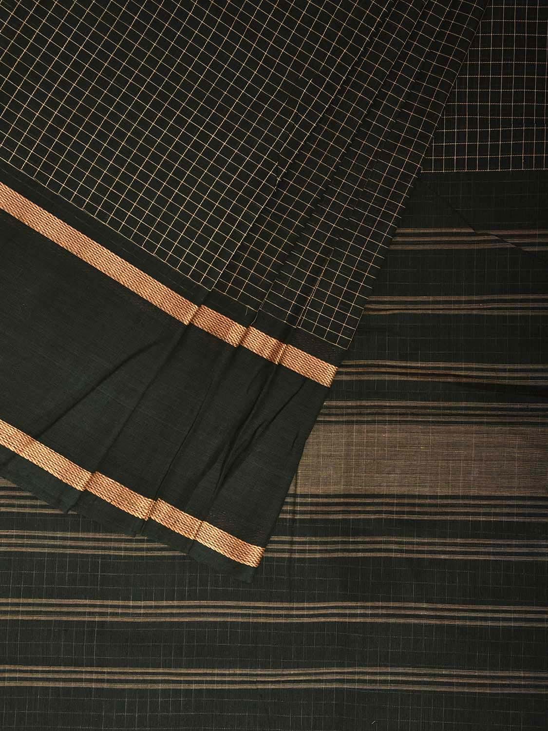Dark Green Venkatagiri Cotton Saree with Checks and Strips Pallu Design v0117