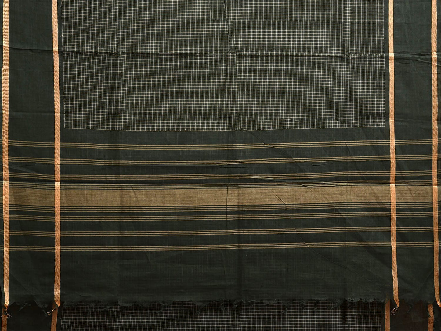 Dark Green Venkatagiri Cotton Saree with Checks and Strips Pallu Design v0117