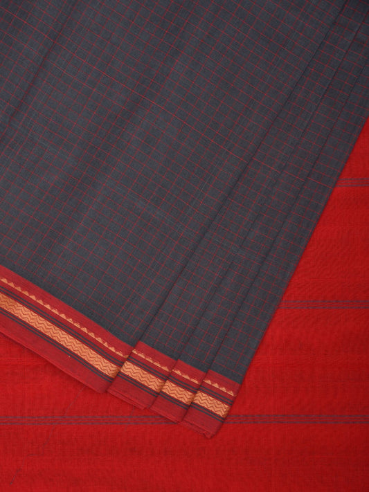 Dark Grey and Red Kanchipuram Cotton Handloom Saree with Checks Design k0561