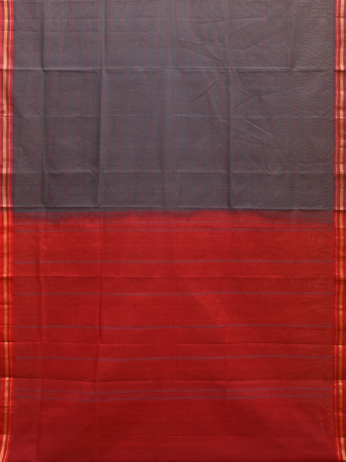 Dark Grey and Red Kanchipuram Cotton Handloom Saree with Checks Design k0561