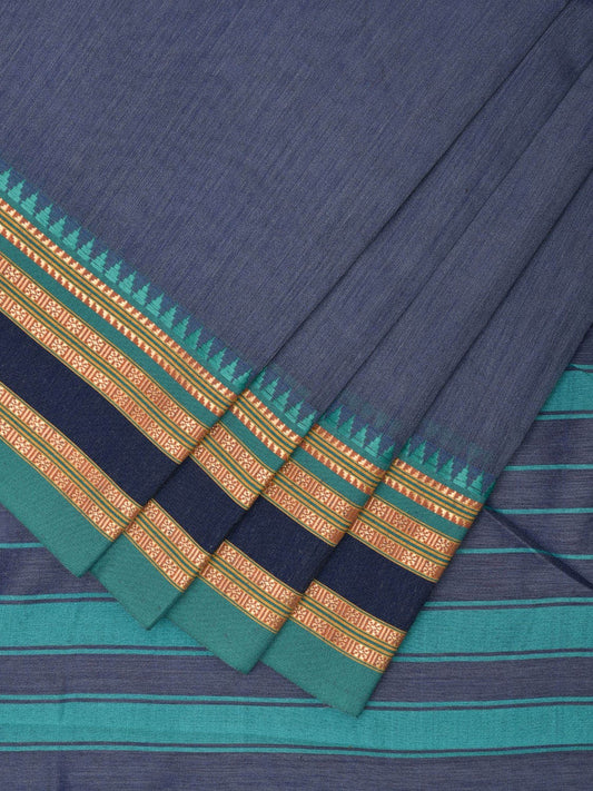 Dark Grey and Turquoise Bamboo Cotton Plain Saree with Strips Pallu Design No Blouse bc0601