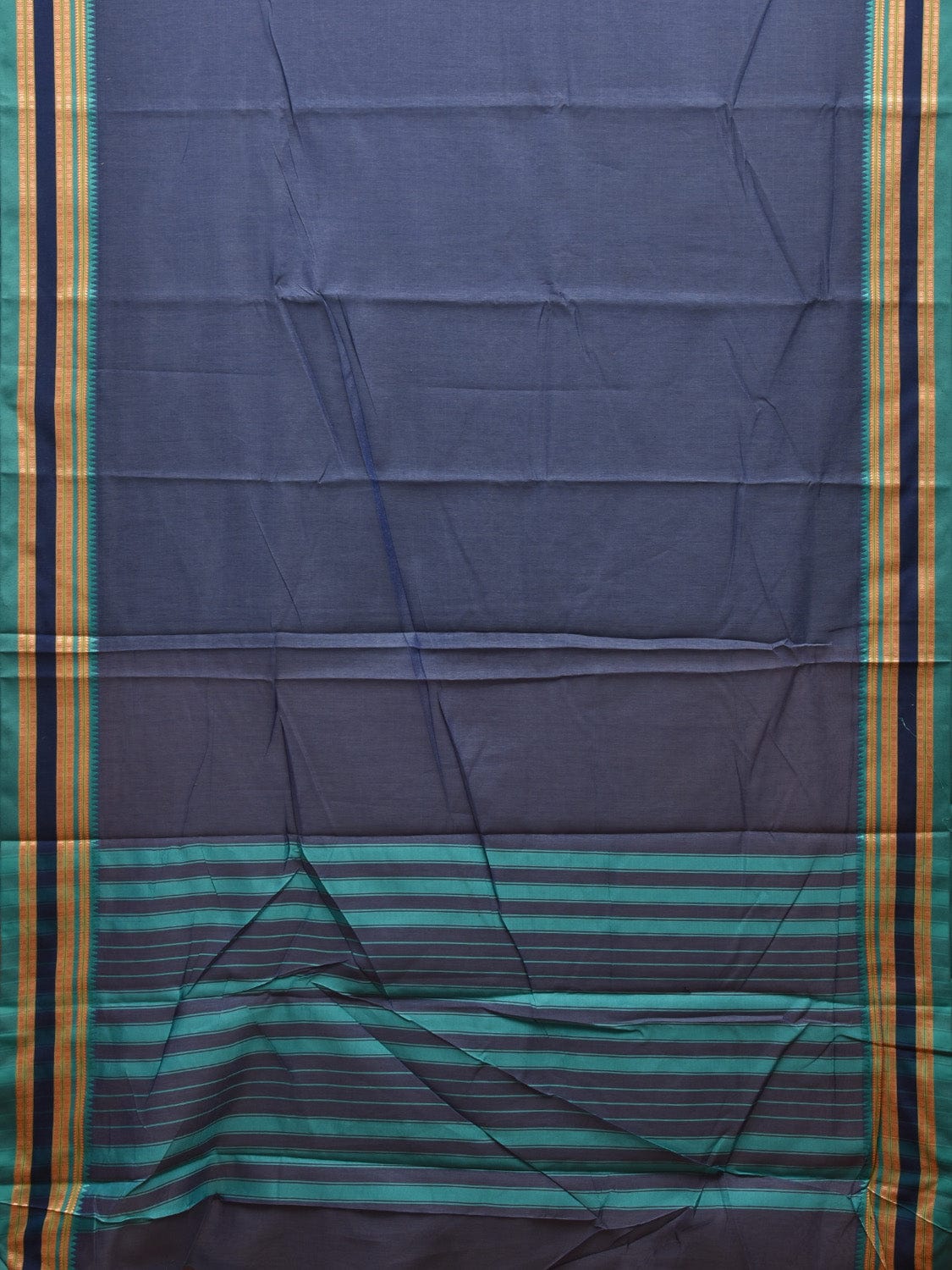 Dark Grey and Turquoise Bamboo Cotton Plain Saree with Strips Pallu Design No Blouse bc0601