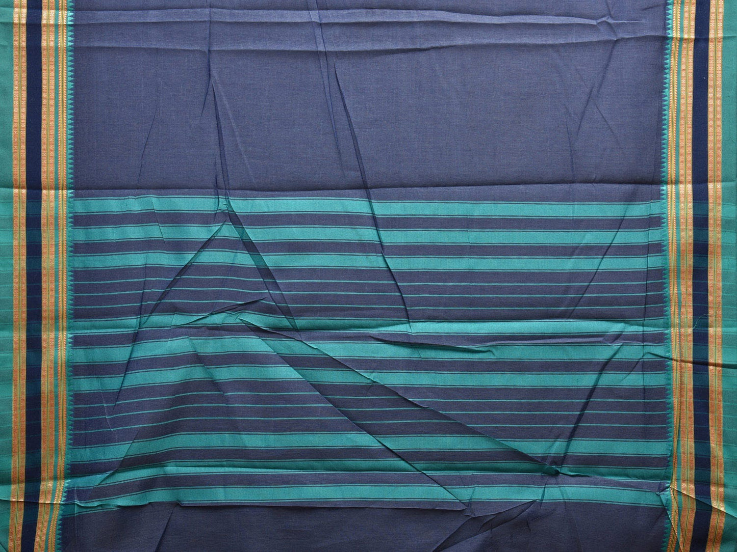 Dark Grey and Turquoise Bamboo Cotton Plain Saree with Strips Pallu Design No Blouse bc0601