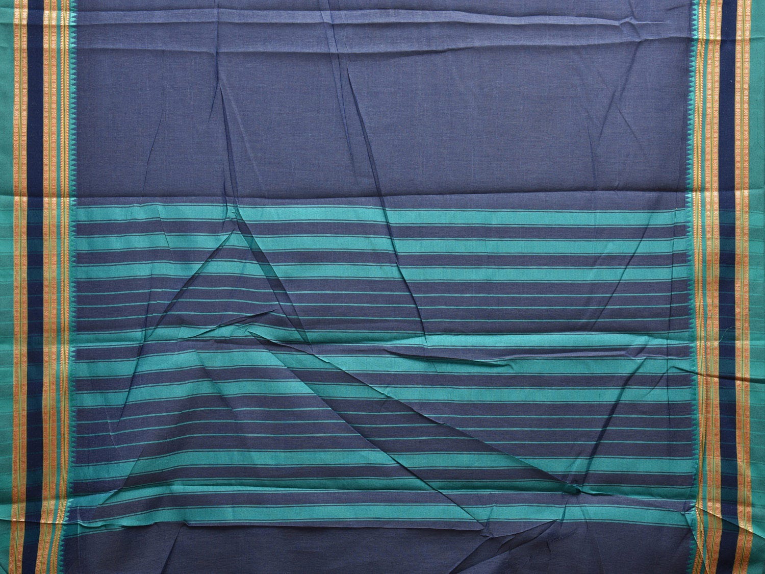 Dark Grey and Turquoise Bamboo Cotton Plain Saree with Strips Pallu Design No Blouse bc0601