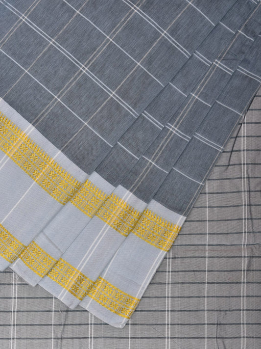 Dark Grey Bamboo Cotton Saree with Big Checks Design No Blouse bc0287