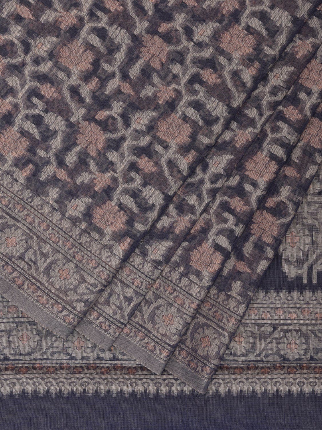 Dark Grey Dhakai Jamdani Cotton Viscose Saree with Floral Pallu and Border Design dj0073