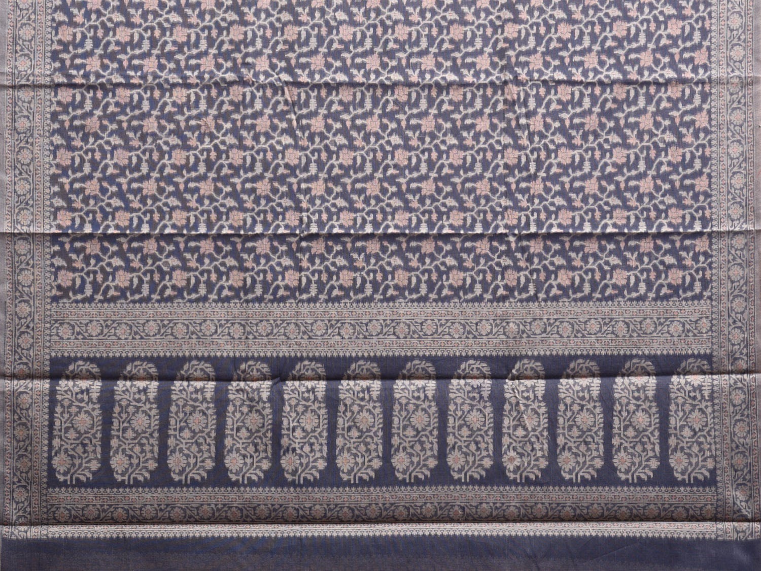 Dark Grey Dhakai Jamdani Cotton Viscose Saree with Floral Pallu and Border Design dj0073