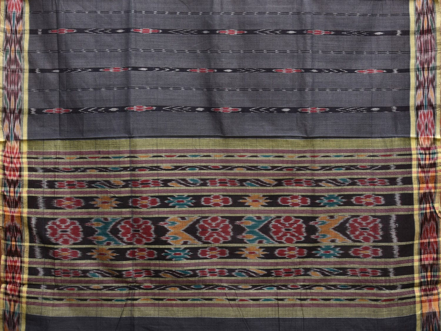 Dark Grey Ikat Cotton Handloom Saree with Strips and Border Design i0862