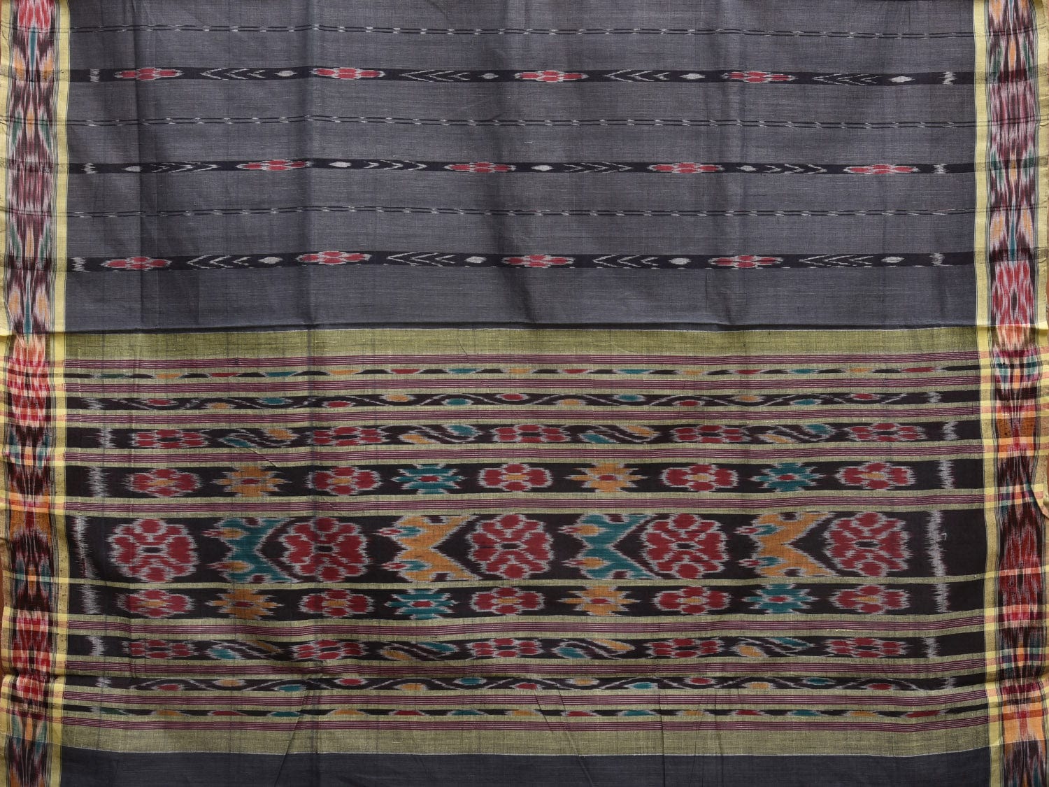 Dark Grey Ikat Cotton Handloom Saree with Strips and Border Design i0862