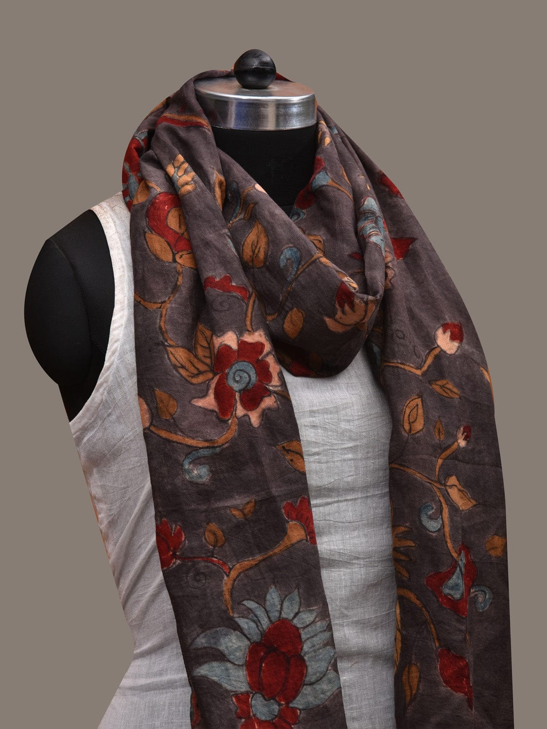 Dark Grey Kalamkari Hand Painted Cotton Handloom Stole with Exotic Flowers Design ds2829