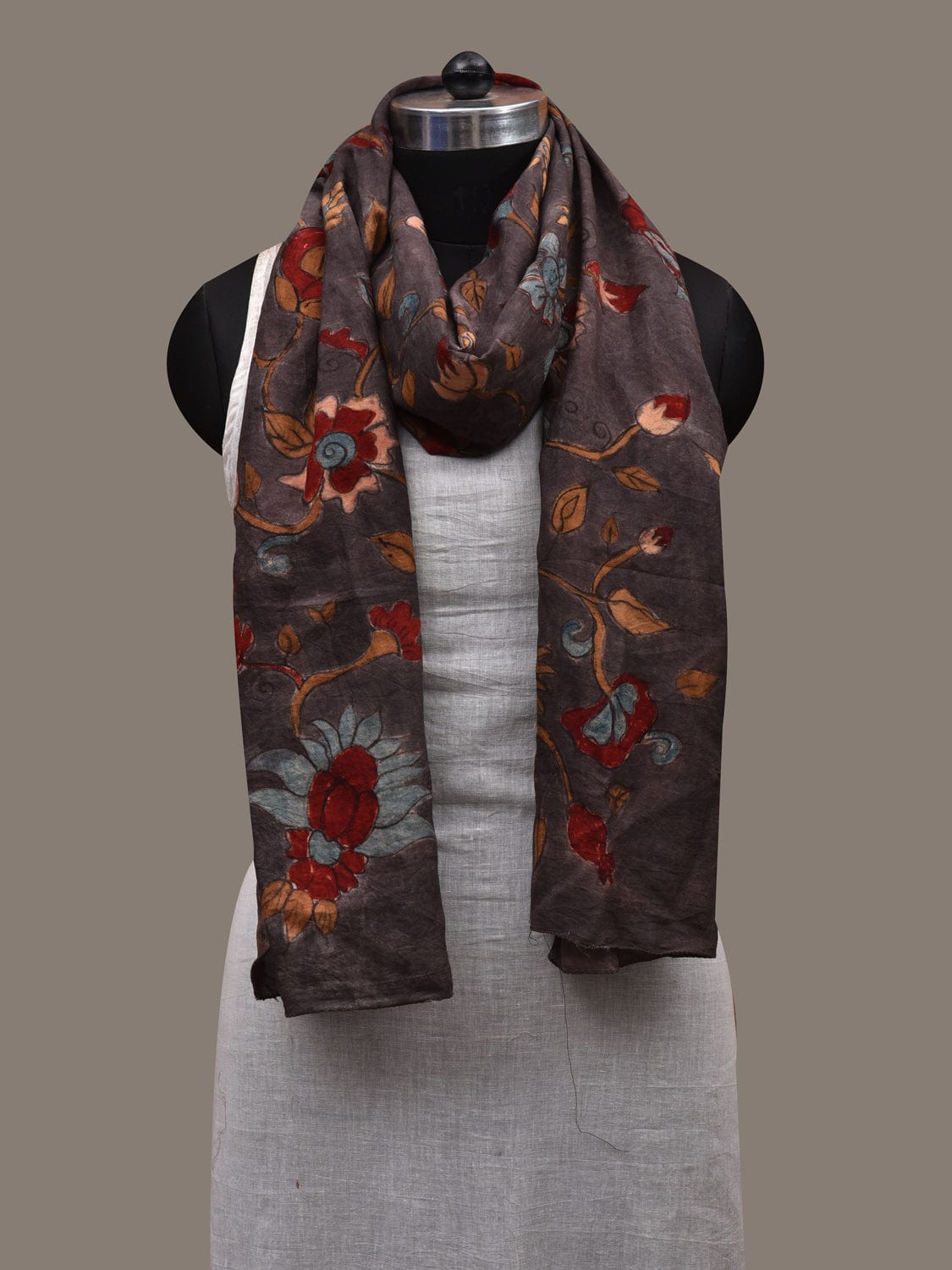 Dark Grey Kalamkari Hand Painted Cotton Handloom Stole with Exotic Flowers Design ds2829