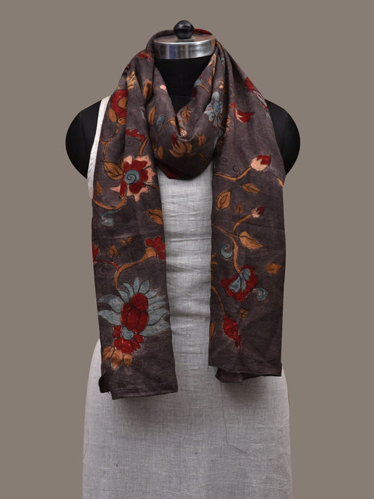 Dark Grey Kalamkari Hand Painted Cotton Handloom Stole with Exotic Flowers Design ds2829