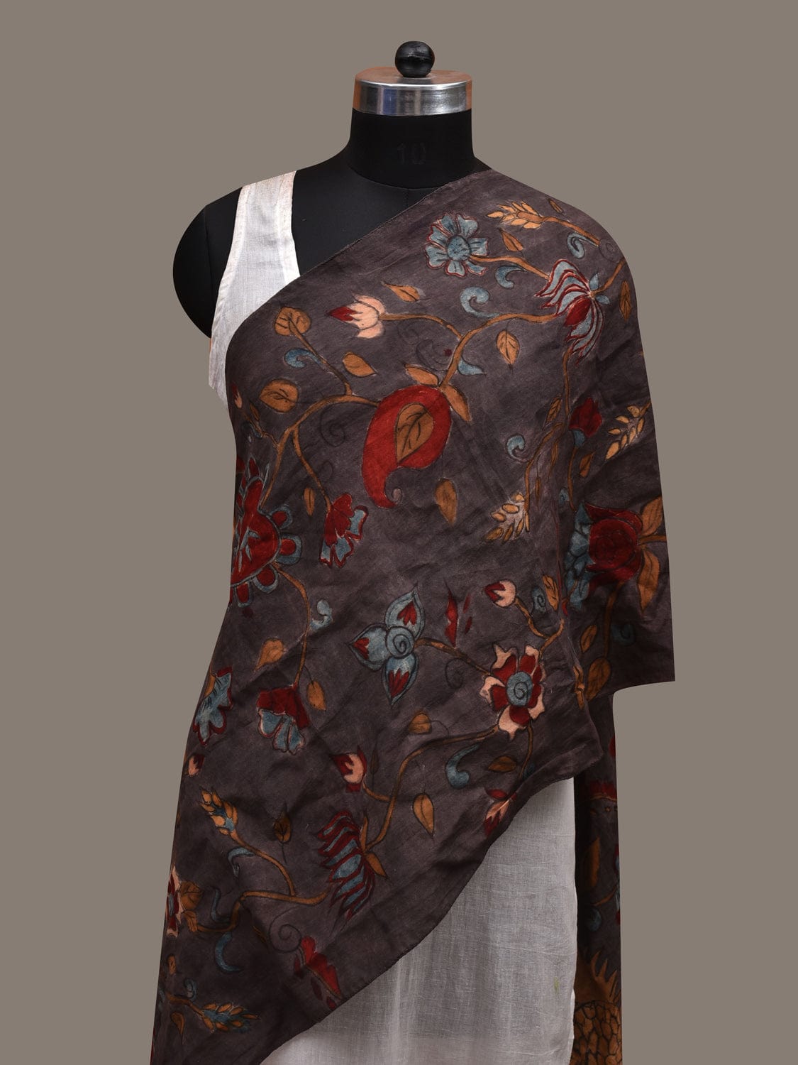 Dark Grey Kalamkari Hand Painted Cotton Handloom Stole with Exotic Flowers Design ds2829