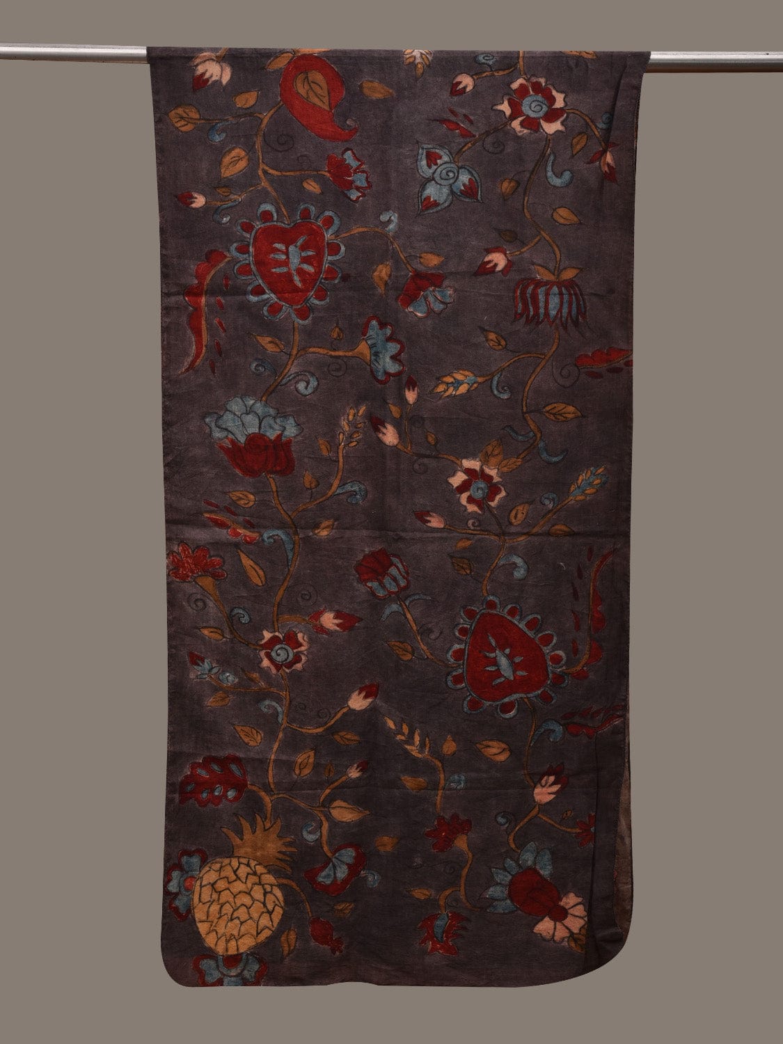 Dark Grey Kalamkari Hand Painted Cotton Handloom Stole with Exotic Flowers Design ds2829