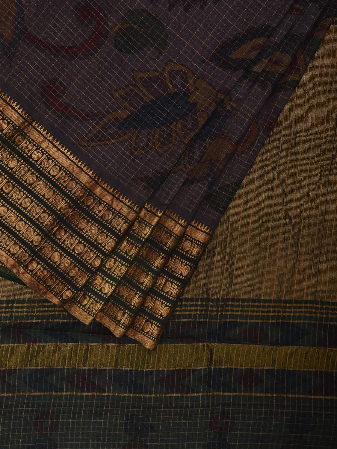 Dark Grey Kalamkari Hand Painted Gadwal Silk Handloom Saree with Floral and Birds Design KL0799