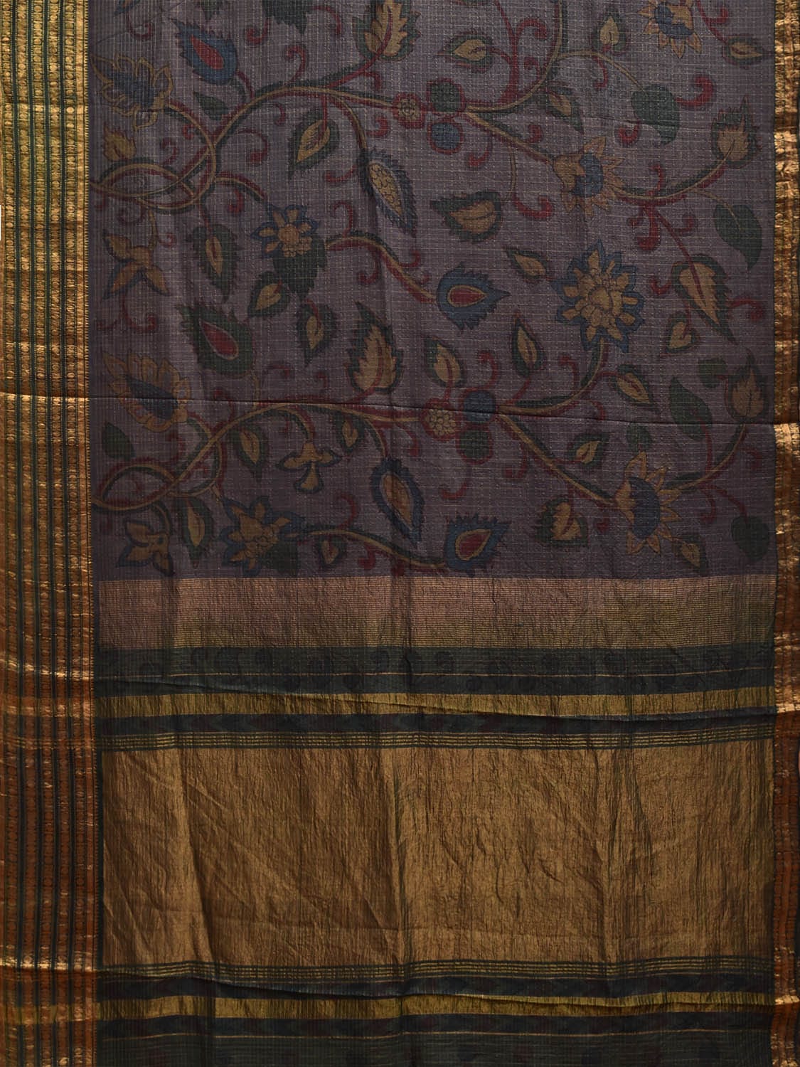 Dark Grey Kalamkari Hand Painted Gadwal Silk Handloom Saree with Floral and Birds Design KL0799