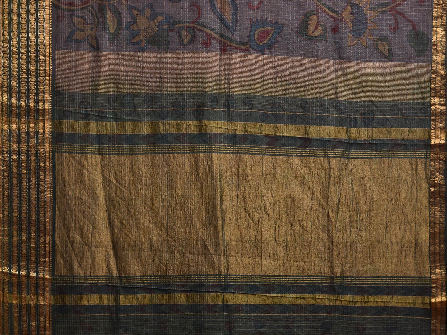 Dark Grey Kalamkari Hand Painted Gadwal Silk Handloom Saree with Floral and Birds Design KL0799