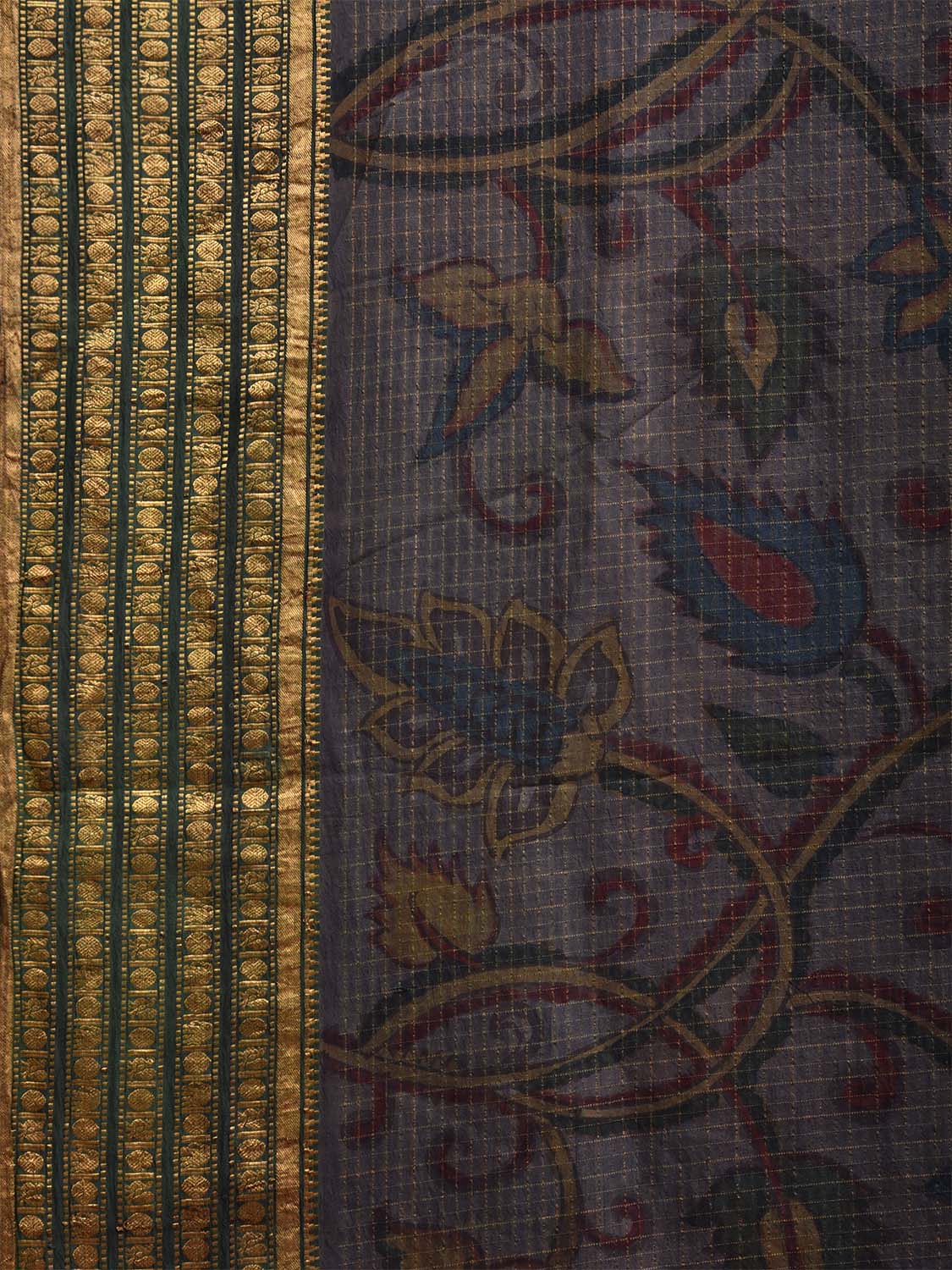 Dark Grey Kalamkari Hand Painted Gadwal Silk Handloom Saree with Floral and Birds Design KL0799